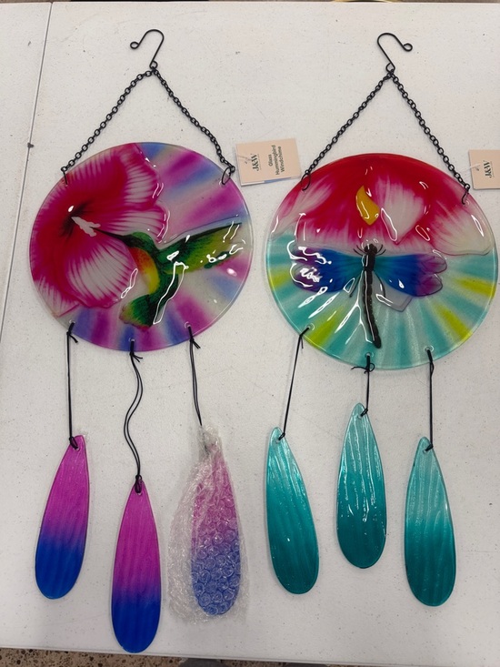 Other - 1 Choice of Hand-Painted Glass Hummingbird or Dragonfly Wind Chimes